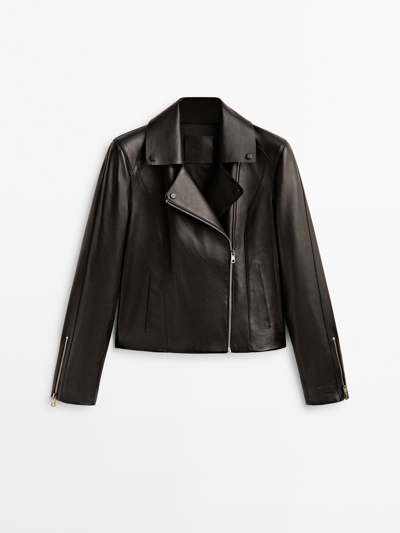 Massimo Dutti Tumbled Leather Biker Jacket In Black