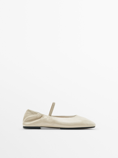 Massimo Dutti Leather Ballet Flats With Elastic Strap In Cream