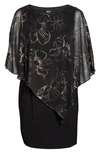 Sl Fashions Floral Asymmetric Popover Shift Dress In Black/ Rose Gld