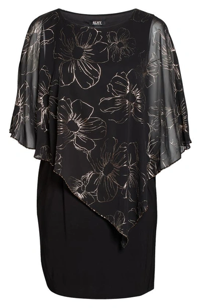 Sl Fashions Floral Asymmetric Popover Shift Dress In Black/ Rose Gld