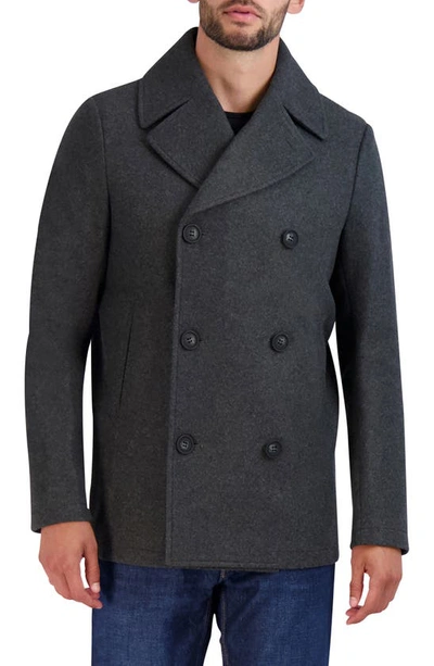 Cole Haan Stretch Regular Fit Double Breasted Peacoat In Charcoal