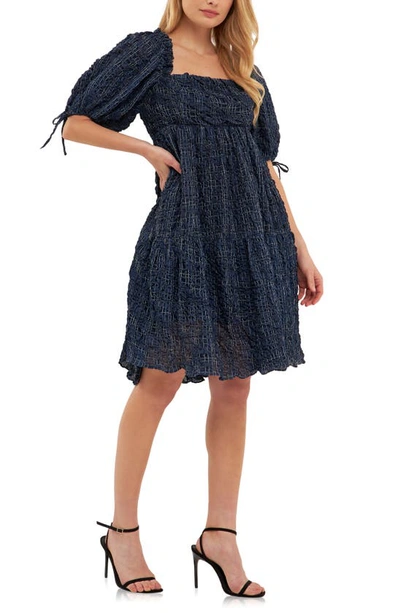 English Factory Gingham Crinkled Flounce A-line Dress In Navy