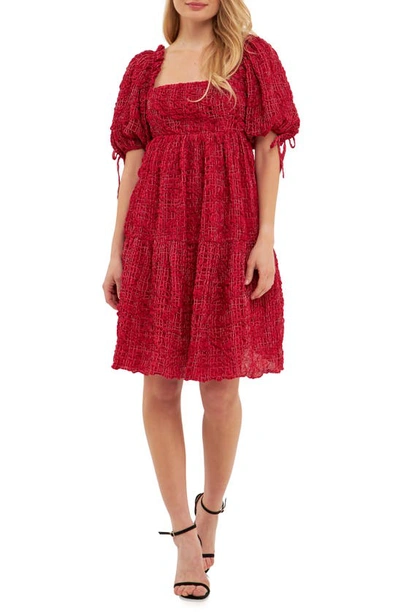 English Factory Gingham Crinkled Flounce A-line Dress In Burgundy