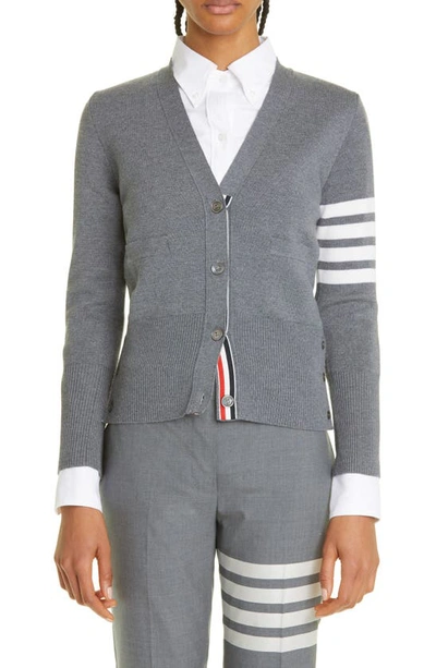 Thom Browne Four Bar Stripe Merino Wool V-neck Cardigan In Grey