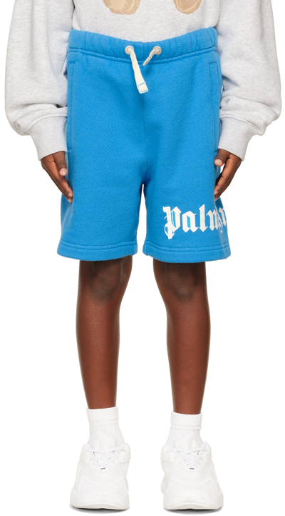 Palm Angels Kids Blue Overlogo Shorts In Light Blue