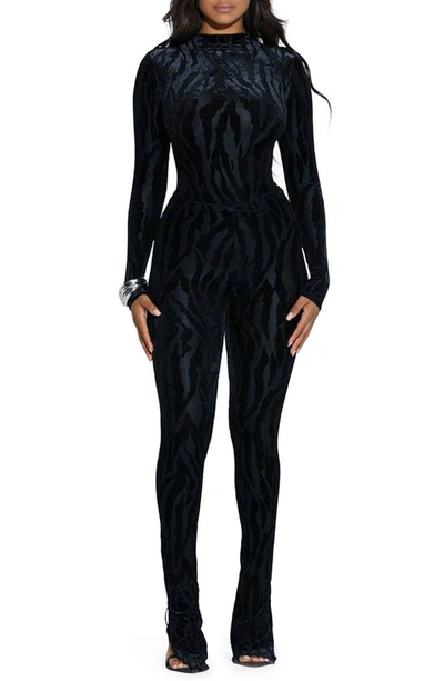 Naked Wardrobe Tiger Print Long Sleeve Velvet Bodysuit In Black
