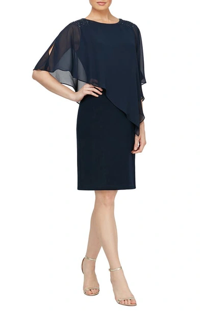 Sl Fashions Petite Short Chiffon And Jersey Popover Dress In New Navy