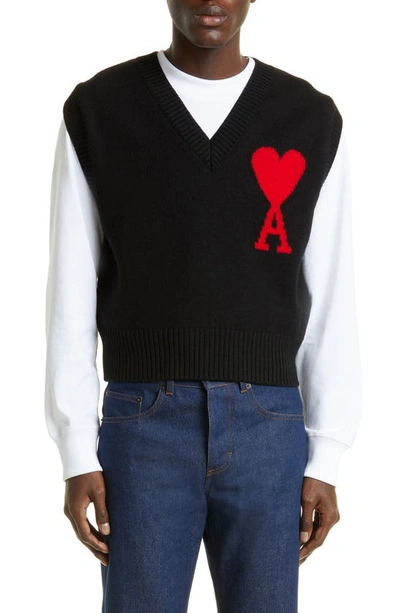 Ami Alexandre Mattiussi Heart Logo Wool Knit Vest In Black