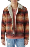 Lucky Brand Plaid Faux Shearling Lined Trucker Jacket In Black Amber
