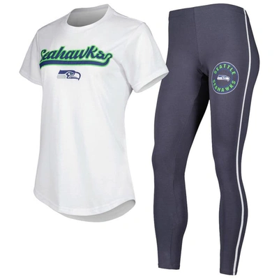 Concepts Sport Women's  White, Charcoal Seattle Seahawks Sonata T-shirt And Leggings Sleep Set In White,charcoal