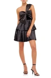 Endless Rose Velvet Contrast Satin Bow Tie One-shoulder Minidress In Black