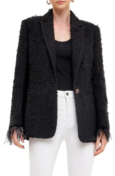 Endless Rose Feather Cuff Tweed Blazer In Black