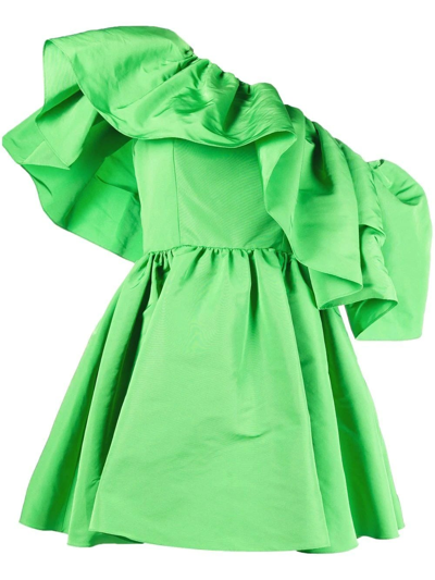 Alexander Mcqueen One-shoulder Ruffle Poplin Mini Dress In Green
