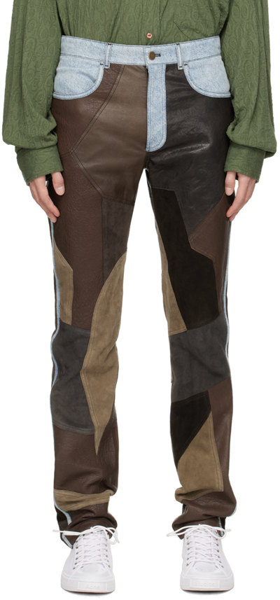 Acne Studios Lyrite Tapered Denim-trimmed Patchwork Leather Trousers In Dark Brown,multi