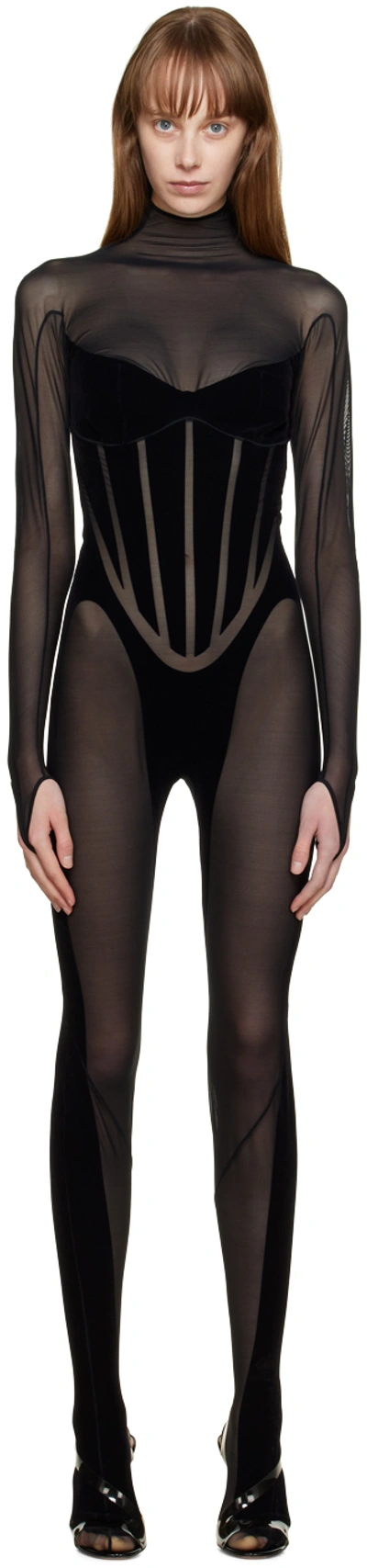 Wolford + Mugler Flocked Stretch-tulle Turtleneck Jumpsuit In Black