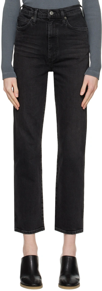 Agolde Pinch-waist Stretch High-rise Kick-flare Jeans In Black