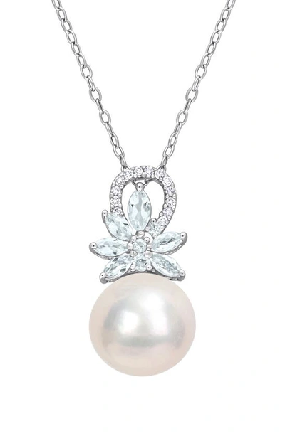 Delmar Sterling Silver 11-12mm Cultured Freshwater Pearl Aquamarine Diamond Pendant Necklace In White