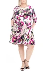 Nina Leonard Floral 3/4 Sleeve Trapeze Dress In Blush Multi