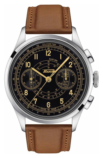 Tissot Telemeter 1938 Chronograph Leather Strap Watch, 42mm In Black / Brown / Gold Tone / Yellow