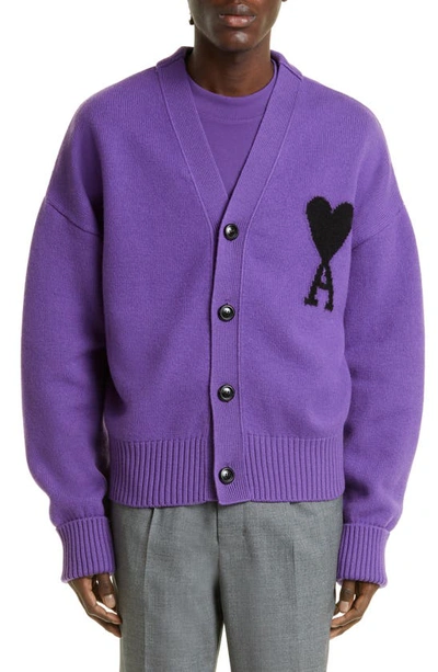 Ami Alexandre Mattiussi Logo-intarsia Wool Cardigan In Purple