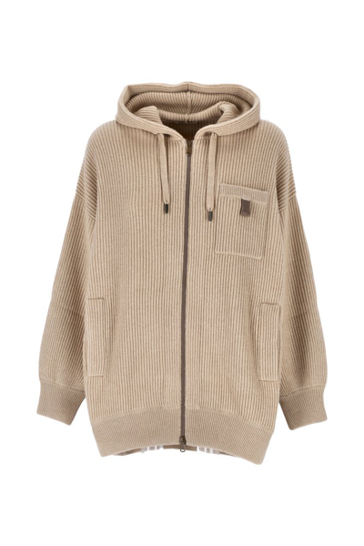 Brunello Cucinelli Drawstring Zipped Ribbed Detailed Hoodie In Beige