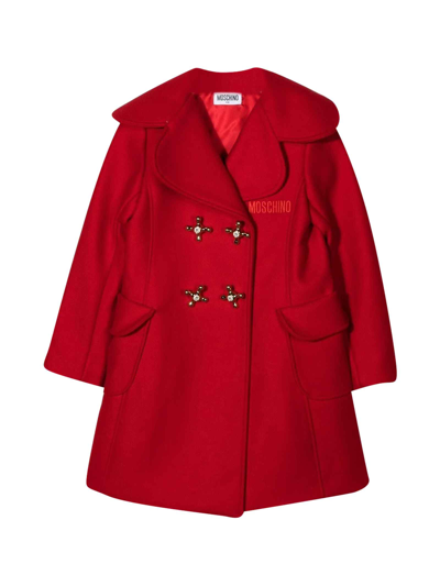 Moschino Kids' Embroidered-logo Wide-lapel Coat In Rosso
