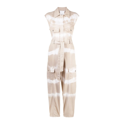 Stella Mccartney Tie-dye Belted Denim Jumpsuit In Beige