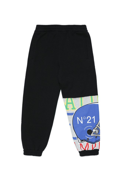 N°21 Kids' Pantaloni Jogger Neri In Felpa Effetto Patchwork In Black
