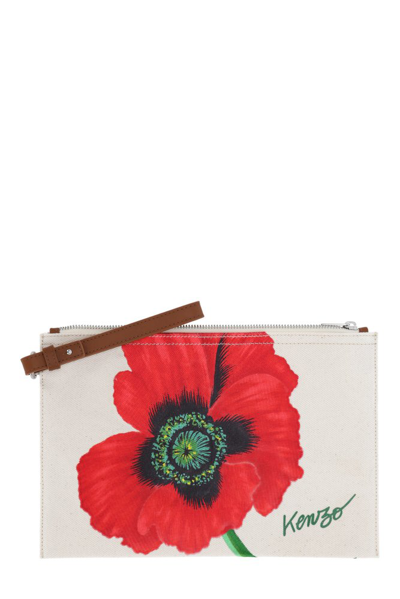 Kenzo Poppy Floral Printed Zipped Large Clutch Bag In Beige