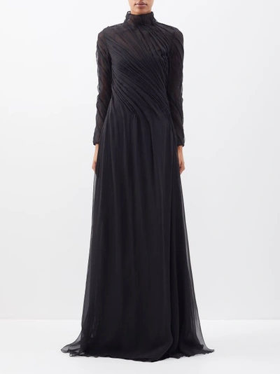 Valentino High-neck Ruched Silk-chiffon Gown In Black