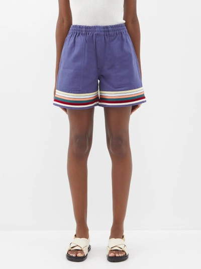 Bode Ribbon-appliqué Cotton-twill Shorts In Blue Multi