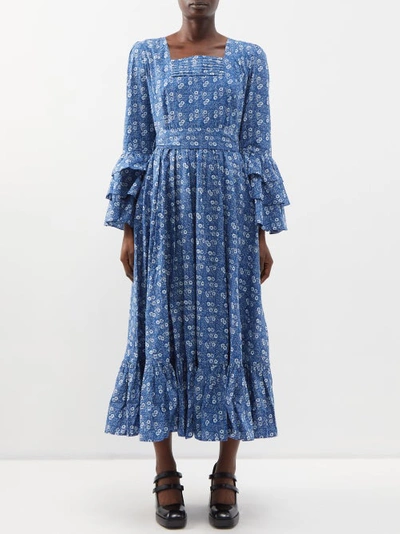 Batsheva + Laura Ashley Waverly Ruffled Floral-print Cotton-poplin Midi Dress In Blue Multi