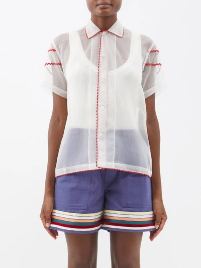 Bode Short-sleeved Ricrac-trim Sheer-silk Shirt In Cream Multi