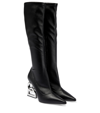 Dolce & Gabbana Logo Leather Over-the-knee Socks Boots In Black