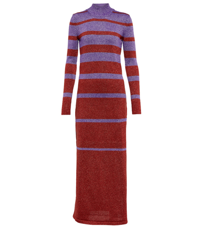 Paco Rabanne Metallic Stripe Knit High-neck Maxi Dress In Purple And Red