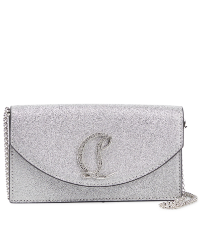 Christian Louboutin Loubi54 Metallic Glitter Leather Clutch In Silver/silver Crystal