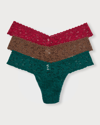 Hanky Panky 3-pack Low-rise Multicolor Lace Thongs In Cranberry/cappucc