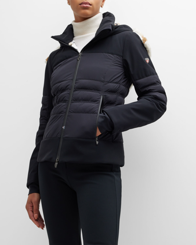 Post Card Bankso Puffer W/ Chevron Shearling Trim In Black