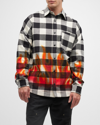 Palm Angels Man Black And White Check Cotton Overshirt With Burning Flames Print In Black Red