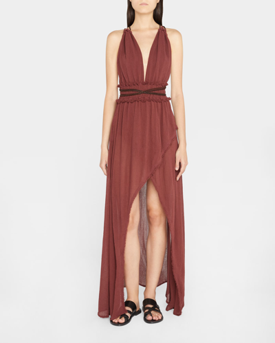 Caravana Alak Plunging V-neck Maxi Dress With Calf Leather Accents In Ruby Wine