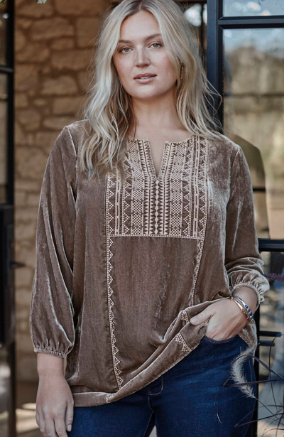 Jjill J.jill Velvet Embroidered Peasant Tunic In Mocha Latte Multi
