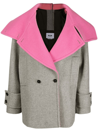 Msgm Contrasting-collar Double-breasted Coat In Grey