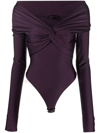 The Andamane Kendall Off The Shoulder Lycra Bodysuit In Purple