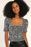 Lulus Sparkling Marvel Silver Sequin Square Neck Crop Top In Silver