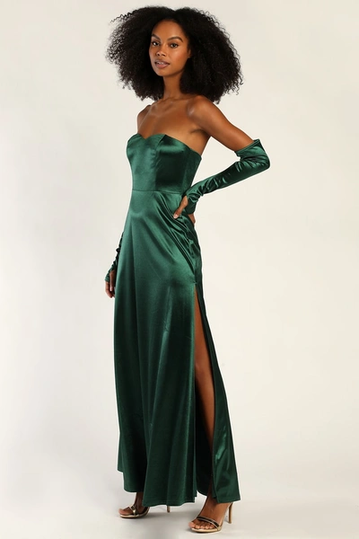 Lulus Elegant Nights Emerald Green Satin Strapless Maxi Dress & Gloves