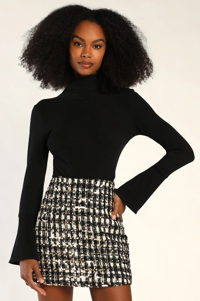 Lulus Bubbly Vibe Black White And Gold Sequin Boucle Mini Skirt