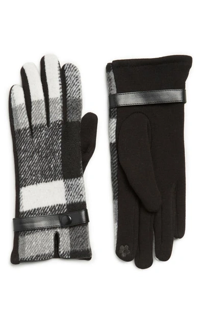 Vince Camuto Plaid Print Faux Leather Cuff Gloves In Black