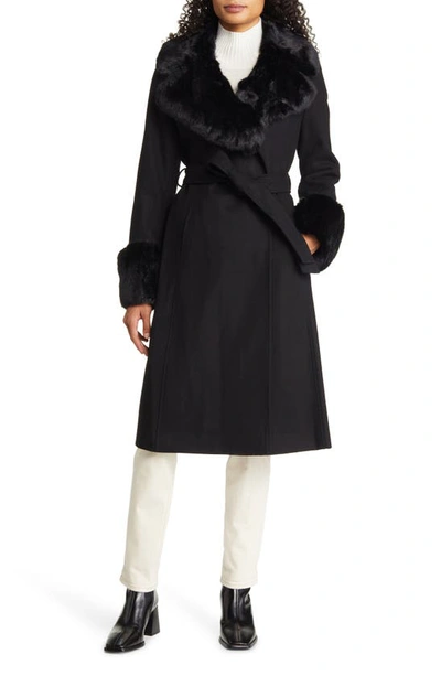 Via Spiga Wool Blend Belted Coat With Faux Fur Trim In Black