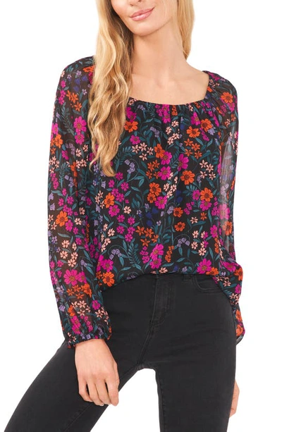 Cece Floral Print Square Neck Blouse In Rich Black