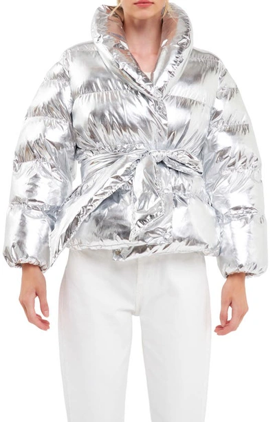 Endless Rose Belted Puffer Jacket In Metallic